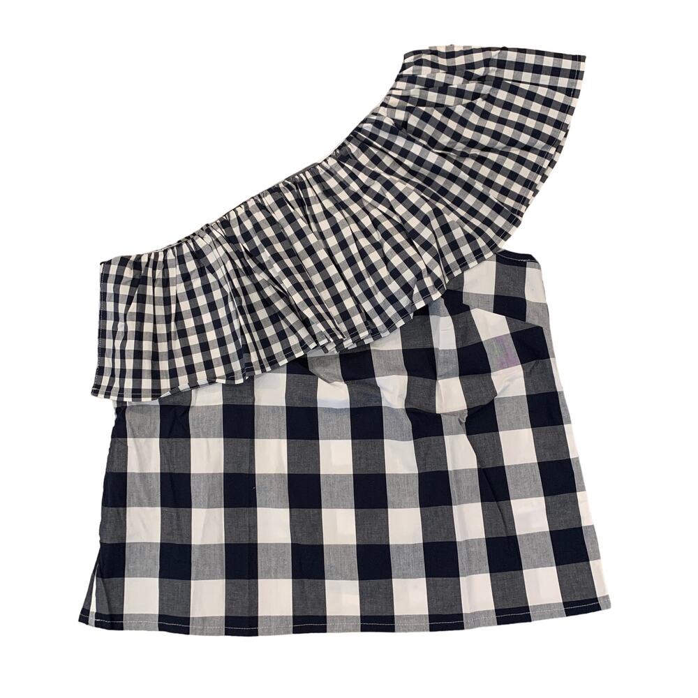 NWT J. Crew Black (Navy) & White Mixed Gingham Ruffle Boho Top - SIZE 10